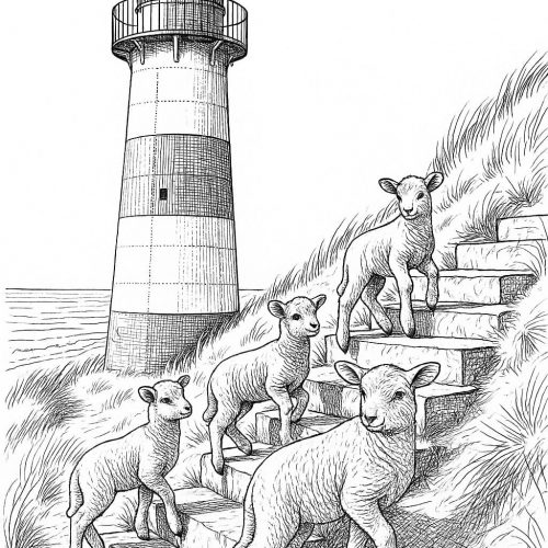 Ausmalbild Schafe am Leuchtturm auf einer Steintreppe an der Küste