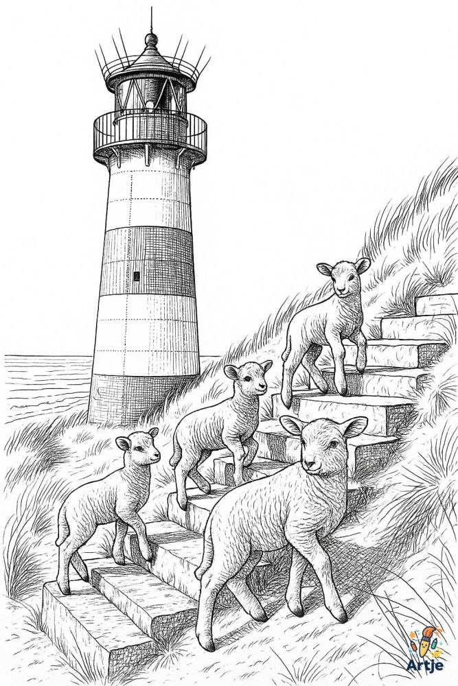 Ausmalbild Schafe am Leuchtturm auf einer Steintreppe an der Küste