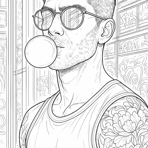 Ausmalbild junger Mann mit Sonnenbrille und Kaugummiblase vor urbaner Kulisse
