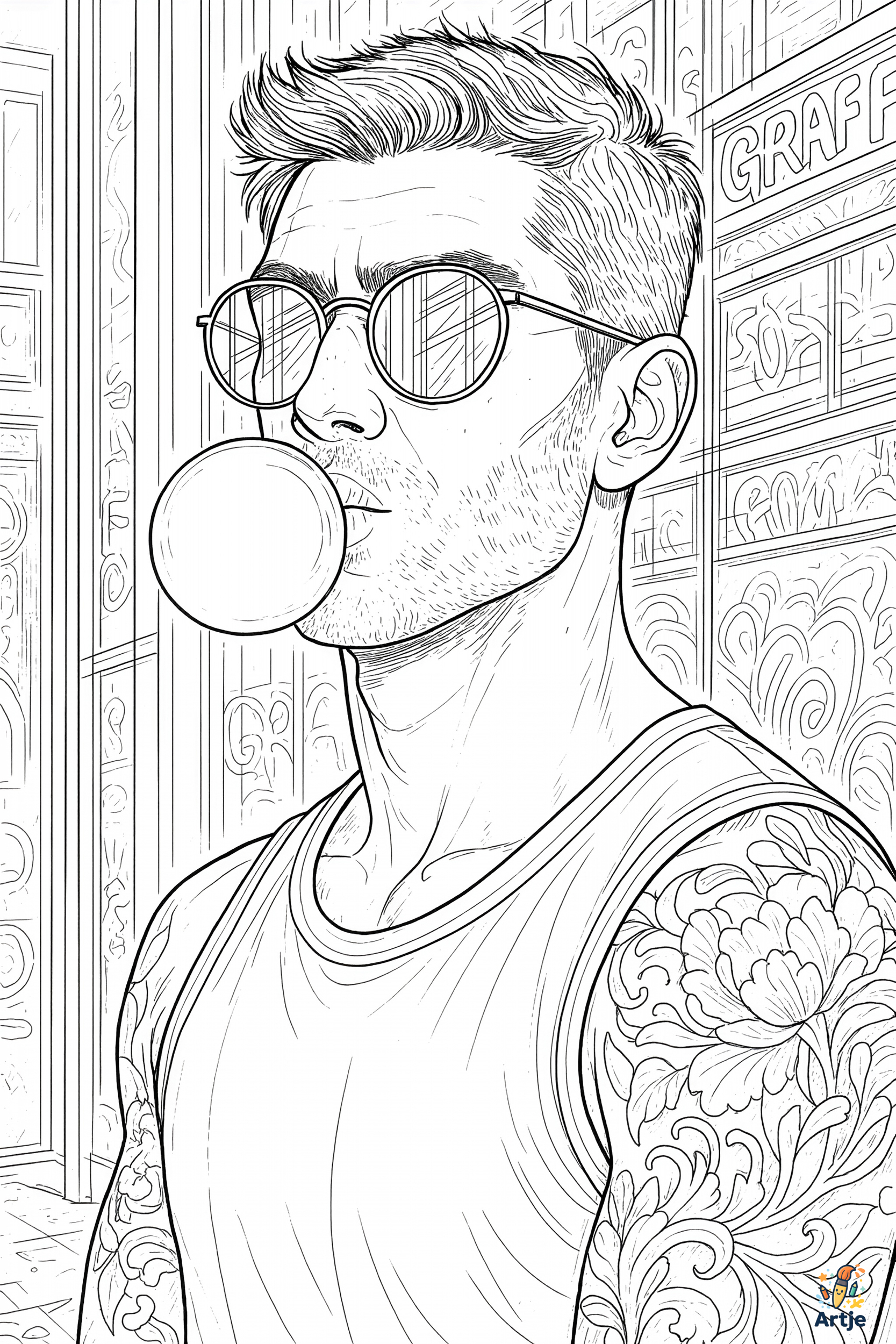 Ausmalbild junger Mann mit Sonnenbrille und Kaugummiblase vor urbaner Kulisse