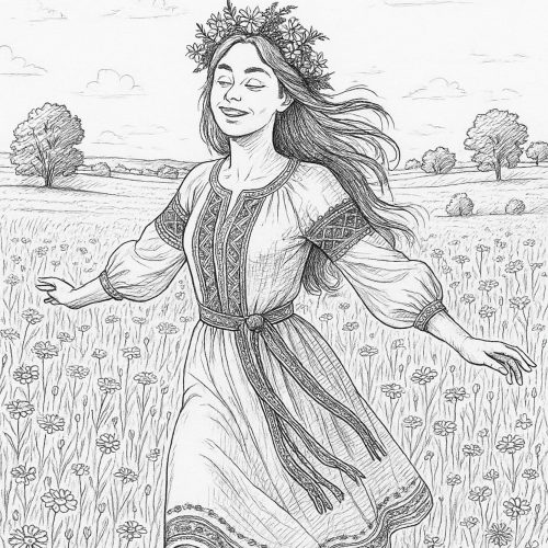 Ausmalbild Mädchen mit Blumenkranz tanzt auf Sommerwiese