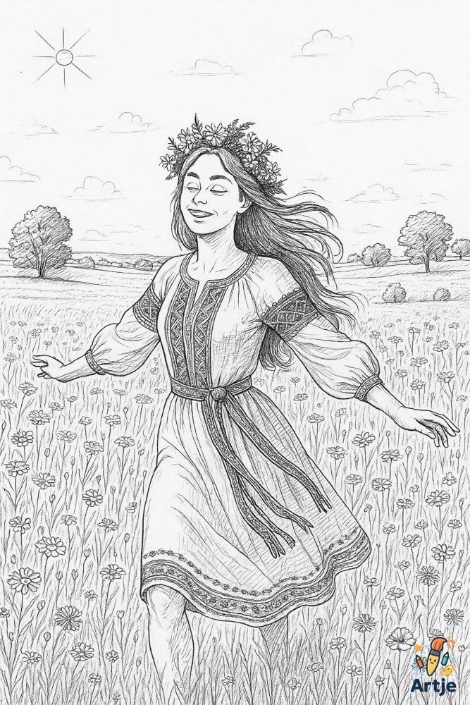 Ausmalbild Mädchen mit Blumenkranz tanzt auf Sommerwiese
