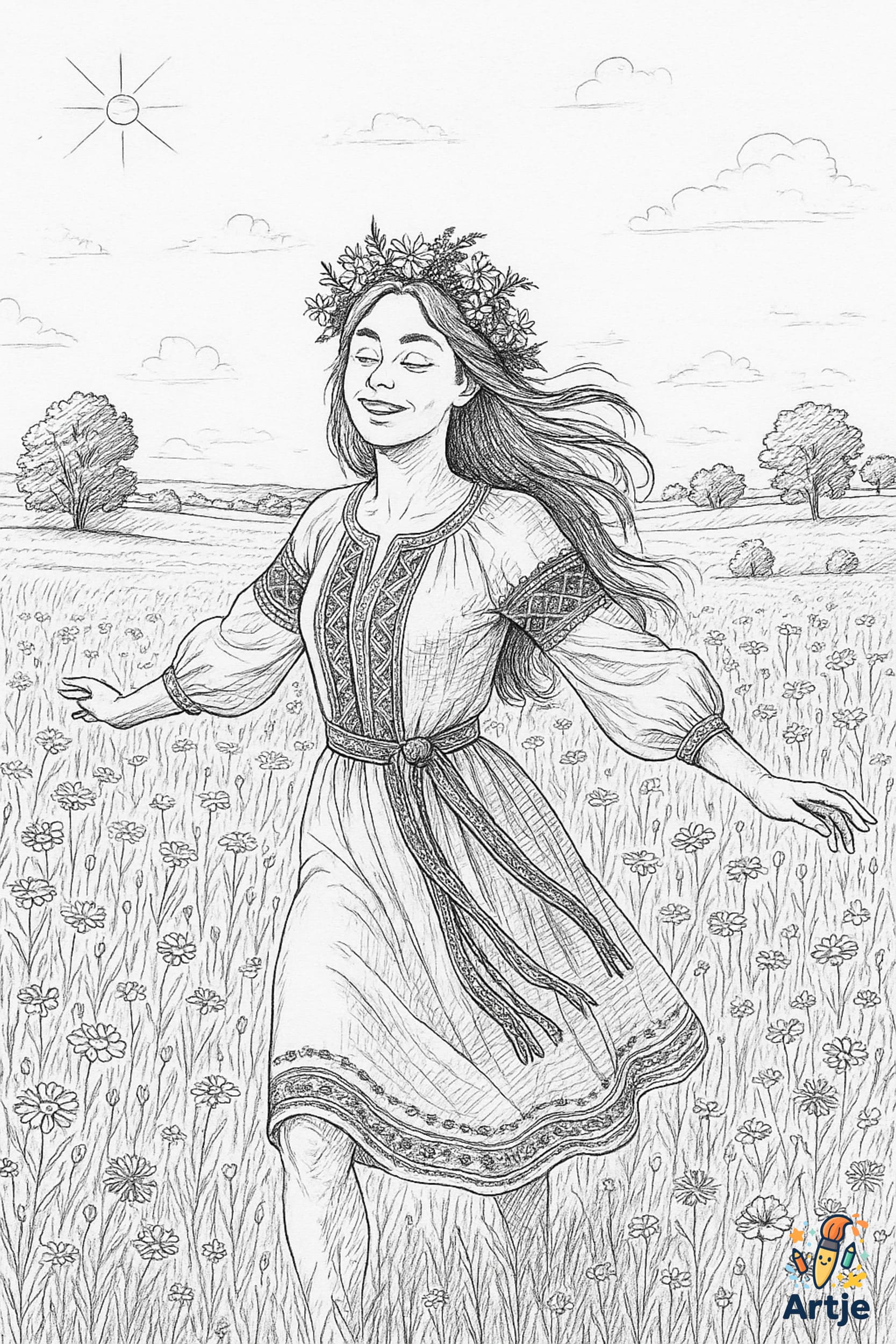 Ausmalbild Mädchen mit Blumenkranz tanzt auf Sommerwiese