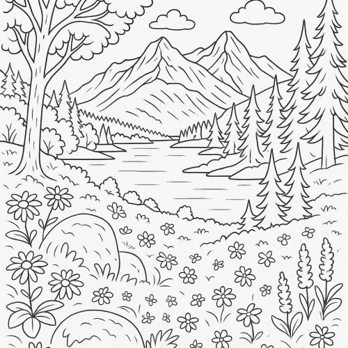 Ausmalbild Bergsee Panorama mit Blumenwiese, Tannen und Bergen