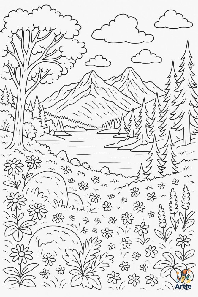 Ausmalbild Bergsee Panorama mit Blumenwiese, Tannen und Bergen