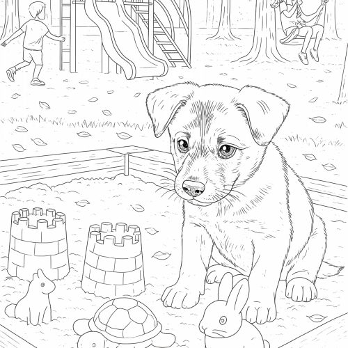 Ausmalbild Hundewelpe sitzt im Sandkasten mit Spielzeug und Spielplatz im Hintergrund