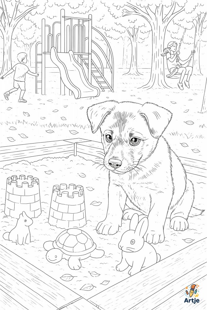 Ausmalbild Hundewelpe sitzt im Sandkasten mit Spielzeug und Spielplatz im Hintergrund