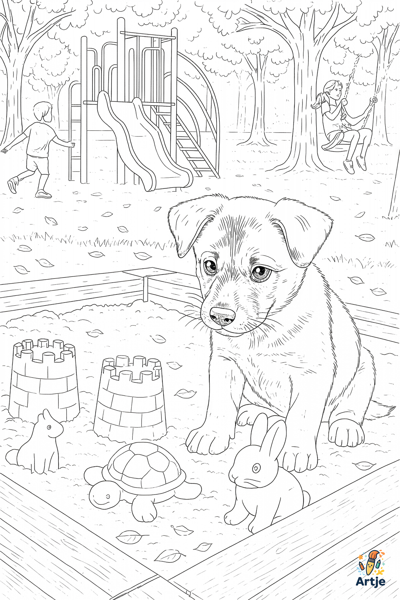 Ausmalbild Hundewelpe sitzt im Sandkasten mit Spielzeug und Spielplatz im Hintergrund