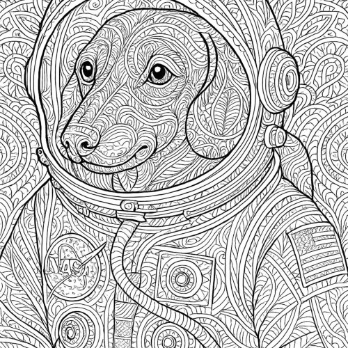 Hund im Astronautenanzug als detailreiches Mandala Ausmalbild
