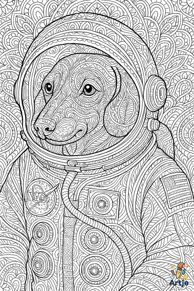 Hund im Astronautenanzug als detailreiches Mandala Ausmalbild