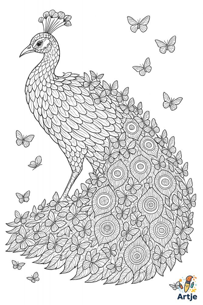 Pfau mit Schmetterlingen als detailreiches Ausmalbild