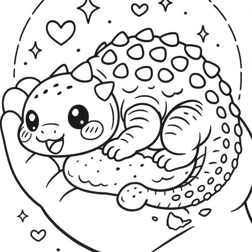 Niedlicher Mini Dinosaurier auf einer Hand als Ausmalbild
