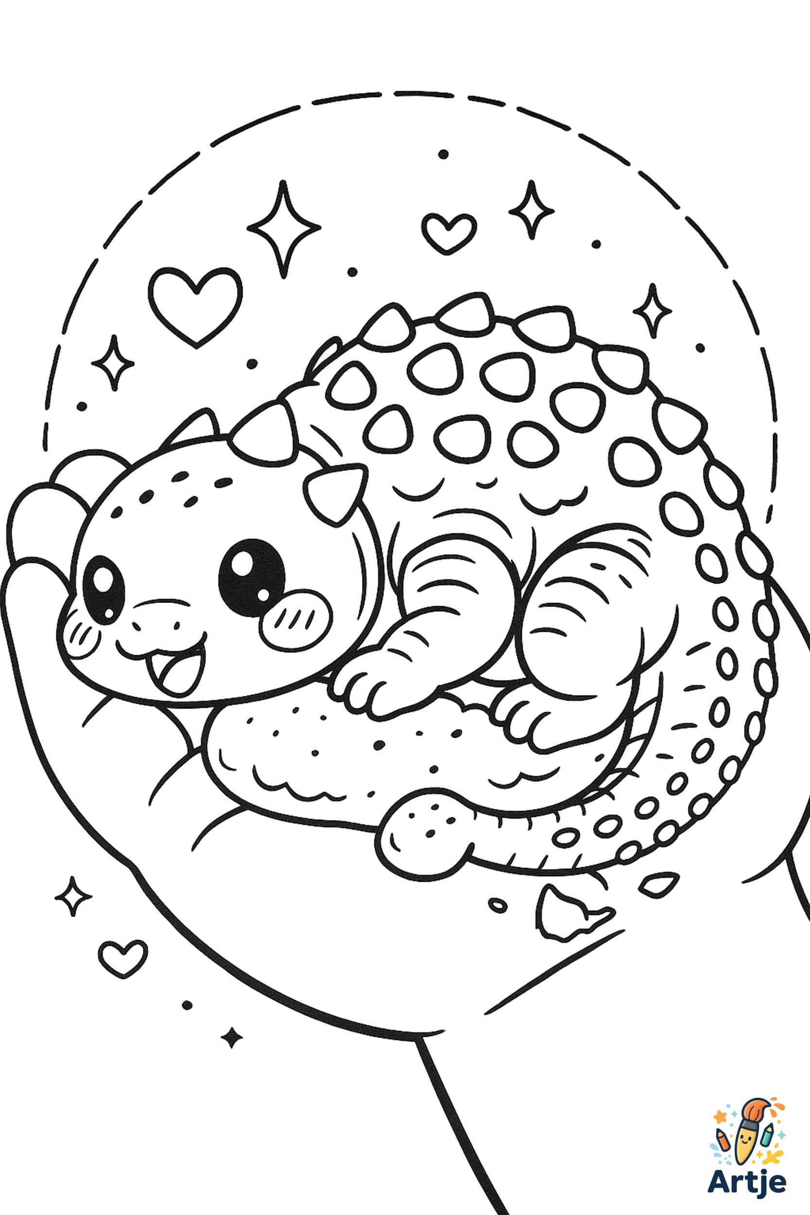 Niedlicher Mini Dinosaurier auf einer Hand als Ausmalbild