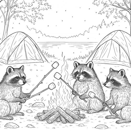 Ausmalbild drei Waschbären am Campingfeuer mit Marshmallows und Zelten