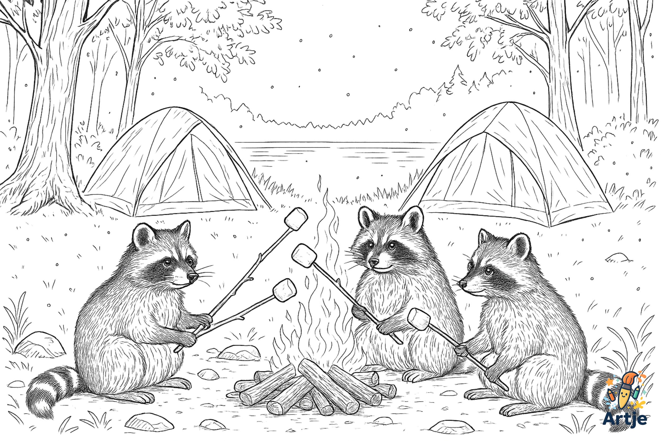 Ausmalbild drei Waschbären am Campingfeuer mit Marshmallows und Zelten