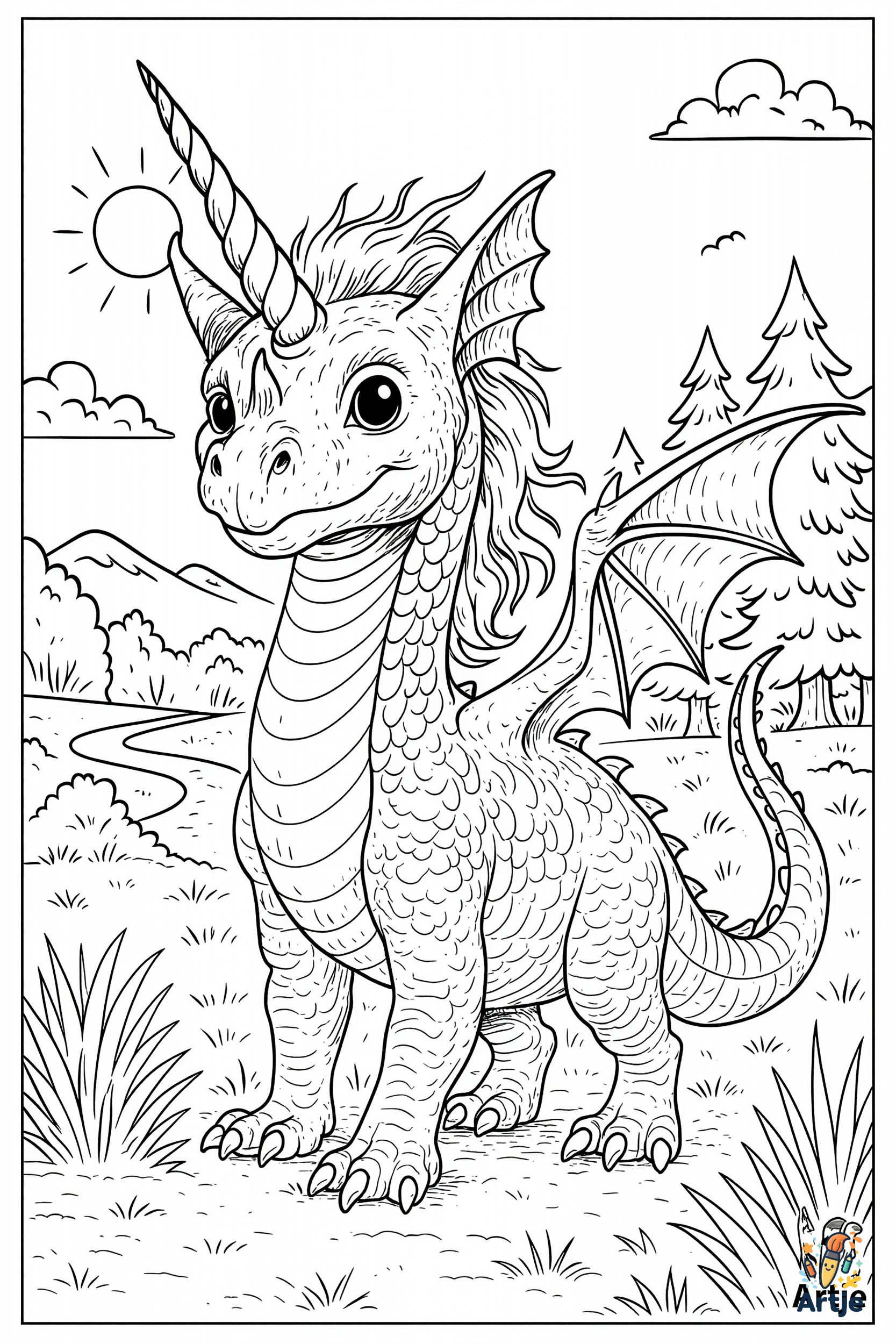 Niedliches Drachen Einhorn Mischwesen als Ausmalbild