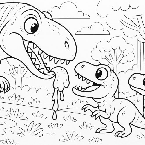 T-Rex Mama mit zwei Jungen als kindliches Ausmalbild