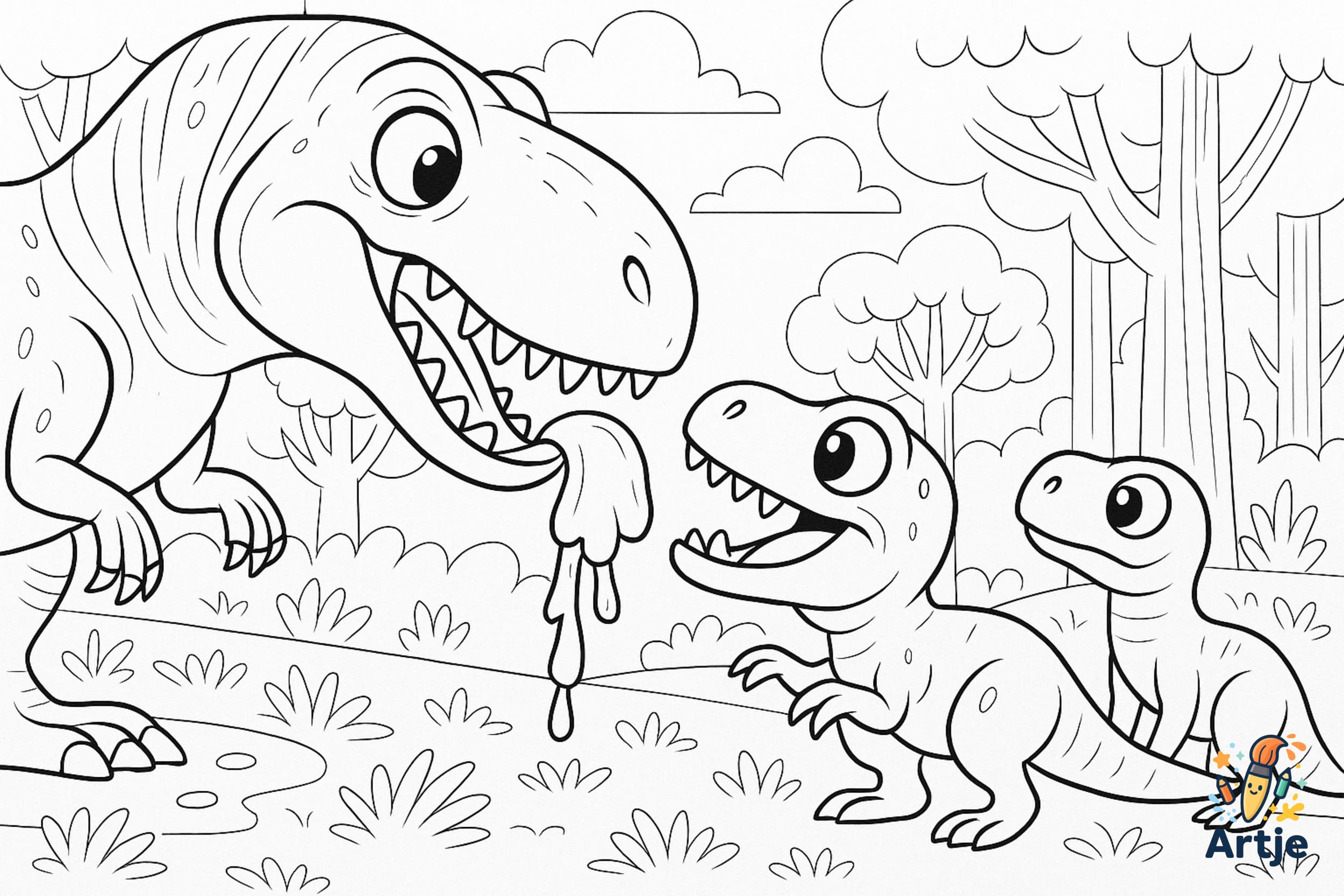 T-Rex Mama mit zwei Jungen als kindliches Ausmalbild
