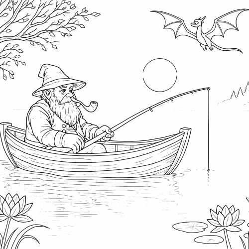 Zwerg im Boot beim Angeln mit Drache am Himmel als Ausmalbild