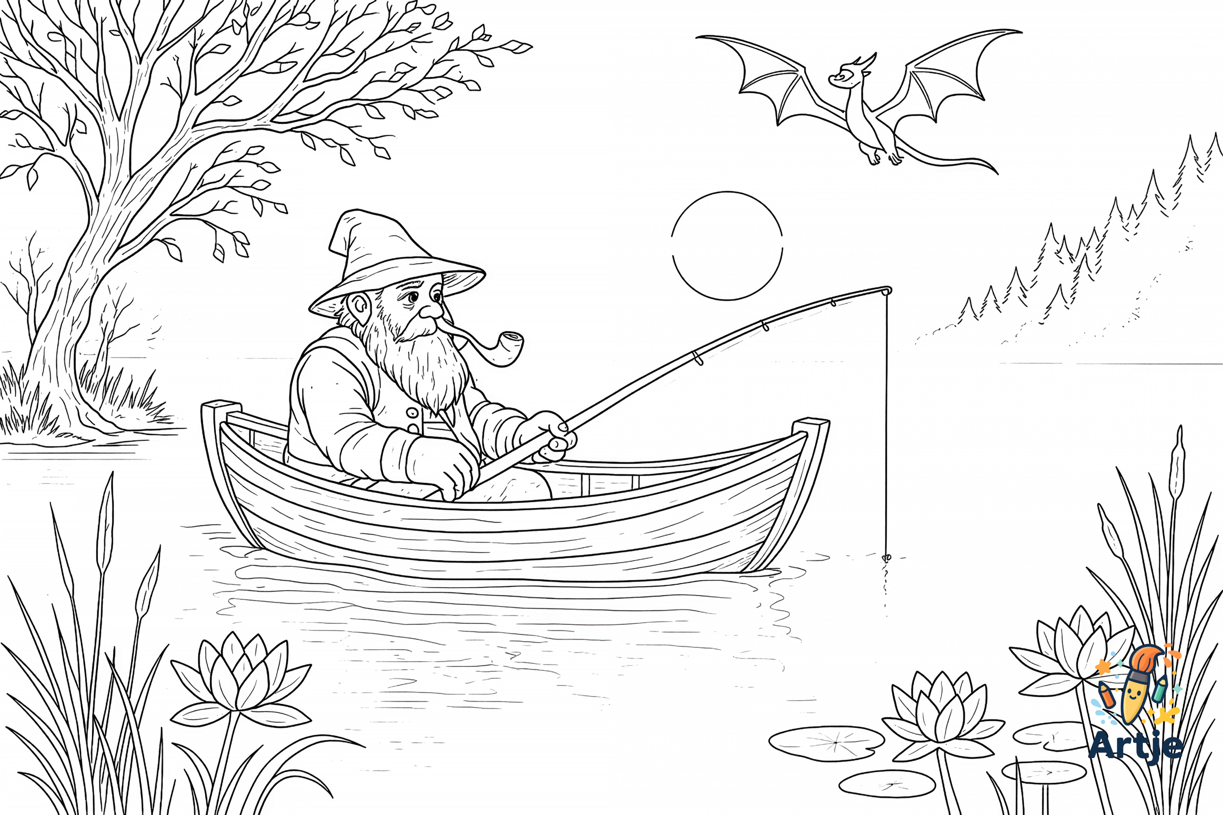 Zwerg im Boot beim Angeln mit Drache am Himmel als Ausmalbild