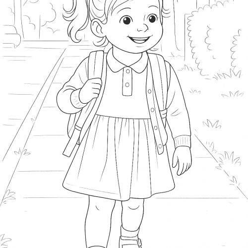 Kleines Mädchen mit Rucksack auf dem Weg in den Kindergarten als Ausmalbild