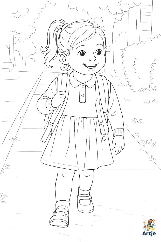 Kleines Mädchen mit Rucksack auf dem Weg in den Kindergarten als Ausmalbild