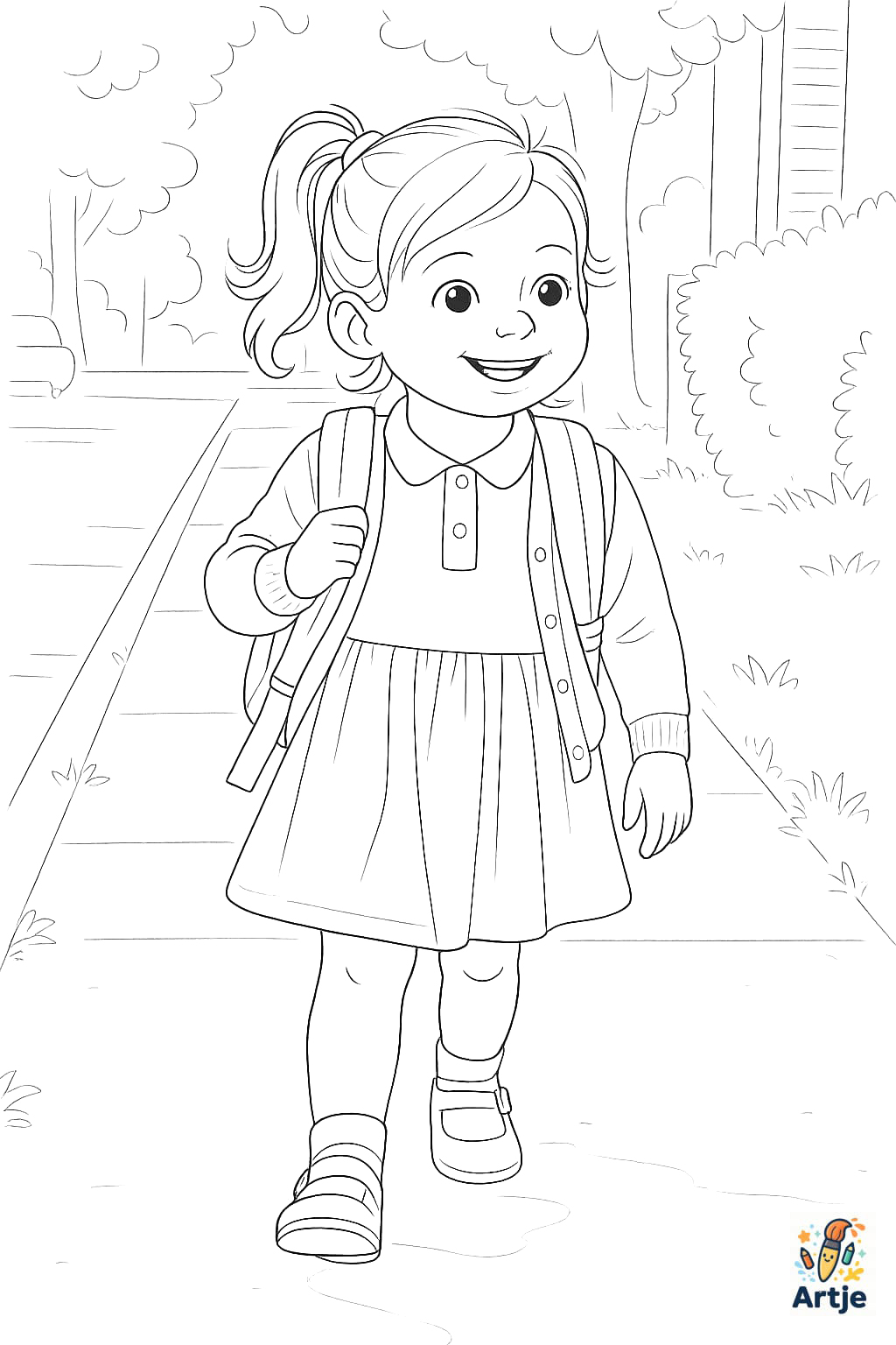 Kleines Mädchen mit Rucksack auf dem Weg in den Kindergarten als Ausmalbild