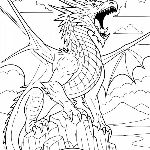 Stolzer Drache mit Schuppen und Hörnern als Ausmalbild