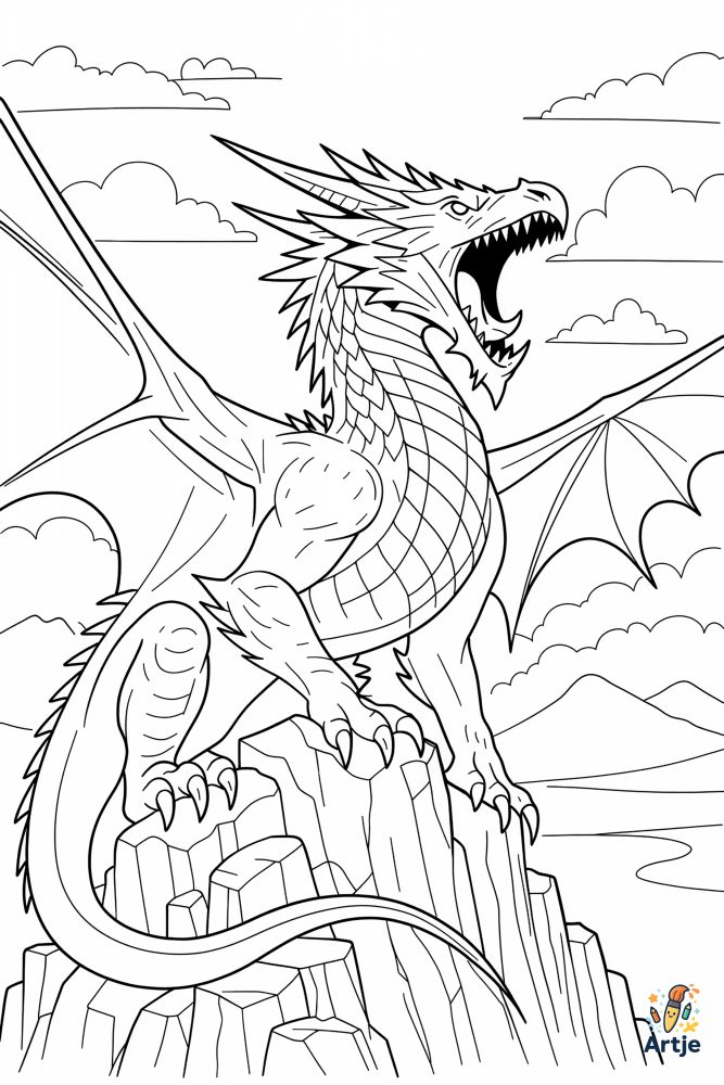 Stolzer Drache mit Schuppen und Hörnern als Ausmalbild