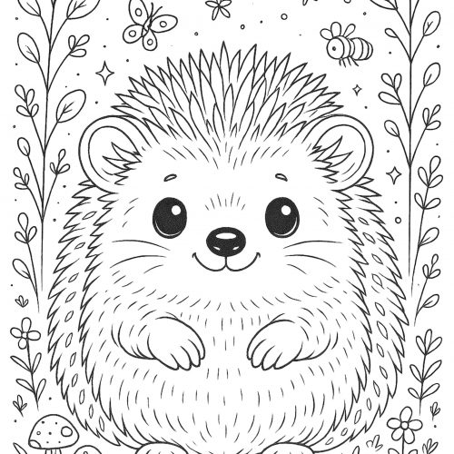 Niedlicher Igel mit Schmetterling und Naturdetails als Ausmalbild für Kinder