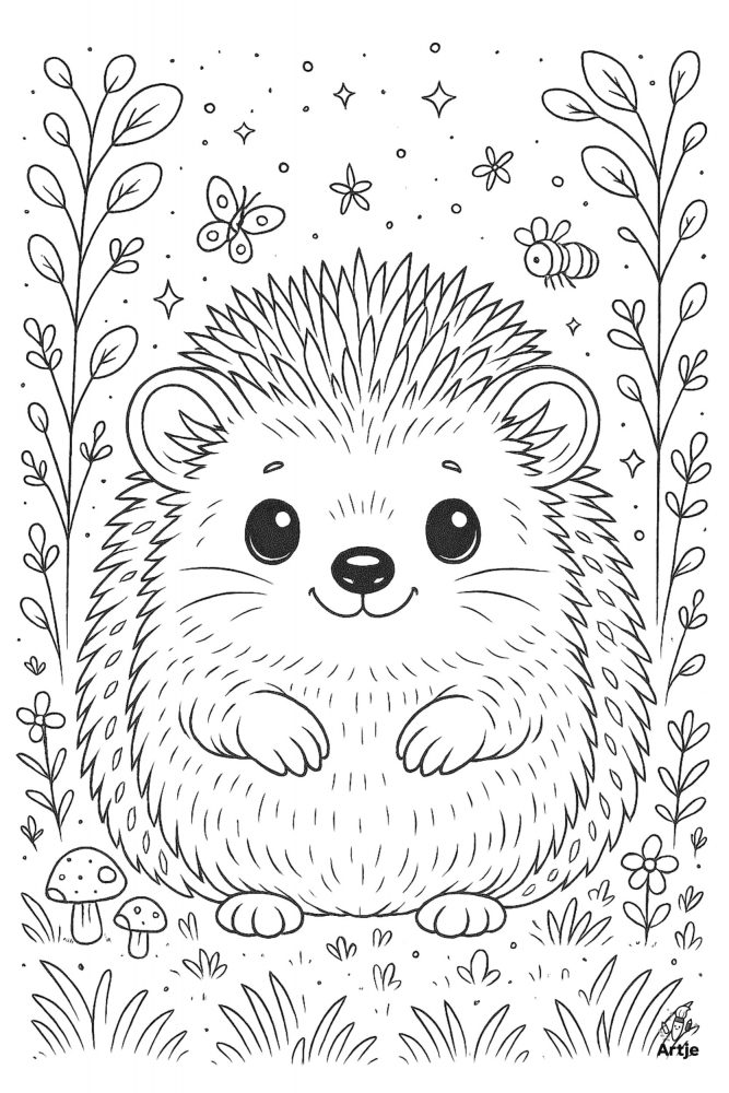Niedlicher Igel mit Schmetterling und Naturdetails als Ausmalbild für Kinder