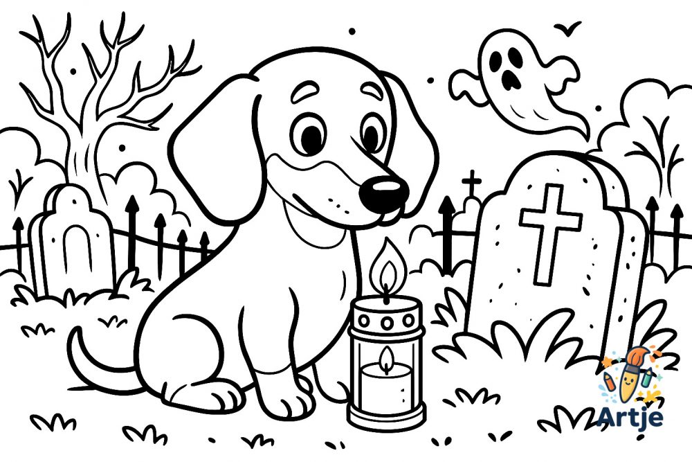 Hund und kleiner Geist auf Friedhof als Halloween Ausmalbild