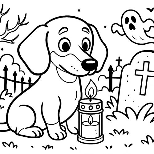 Hund und kleiner Geist auf Friedhof als Halloween Ausmalbild