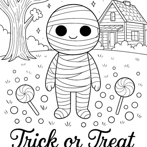 Niedliche Mumie mit Trick or Treat Schrift als Halloween Ausmalbild