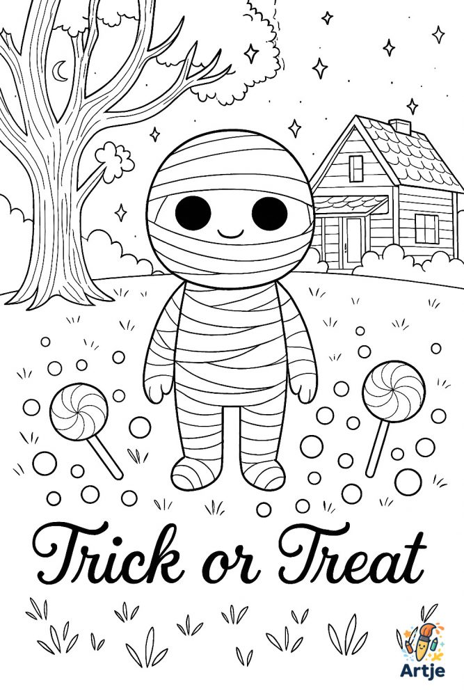 Niedliche Mumie mit Trick or Treat Schrift als Halloween Ausmalbild