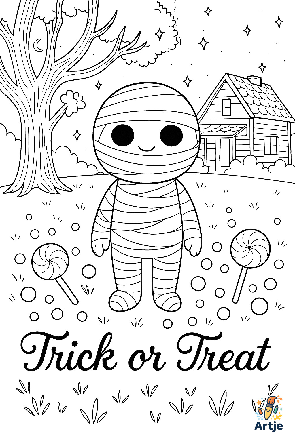 Niedliche Mumie mit Trick or Treat Schrift als Halloween Ausmalbild