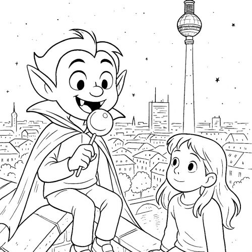 Vampirfreundschaft auf dem Dach über der Stadt als Halloween Ausmalbild