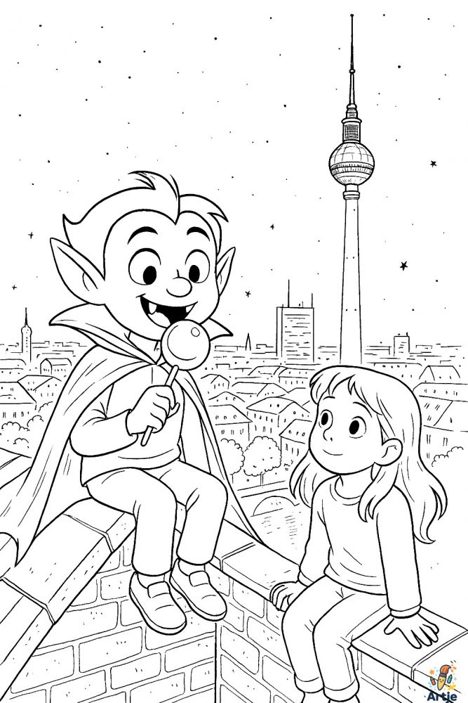 Vampirfreundschaft auf dem Dach über der Stadt als Halloween Ausmalbild