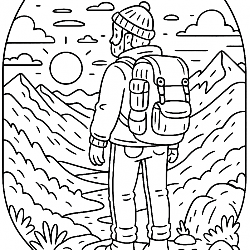 Wanderer mit Rucksack in einer Berglandschaft als Ausmalbild