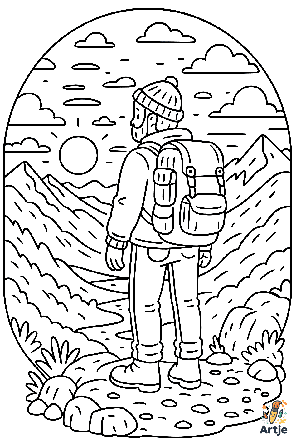 Wanderer mit Rucksack in einer Berglandschaft als Ausmalbild